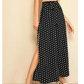 

2019 Women Polka Dot Slit Side Boho Pants Summer Casual Holiday Wide Leg Loose Trousers