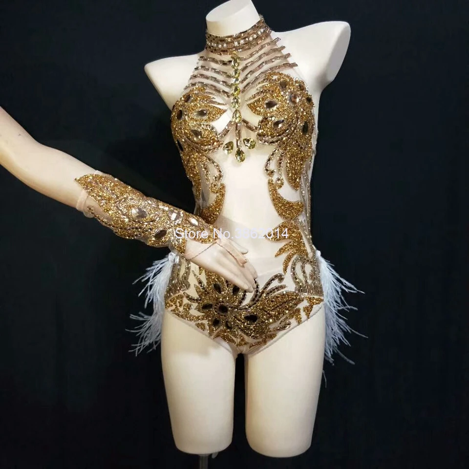 Sparkly Gold Silver Rhinestone Bodysuit Women Sexy See Trough Feather Tail Birthday Party Nightclub Singer Dance Stage costume