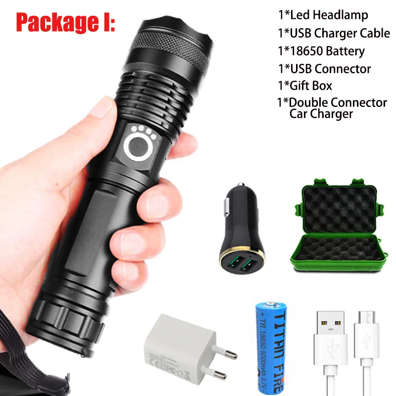 T20 LED Flashlight XHP70.2/XHP50 Powerful LED Torch High Lumens Adjustable Focus USB Rechargeable Handheld Light for Outdoor - Испускаемый цвет: XHP50  I