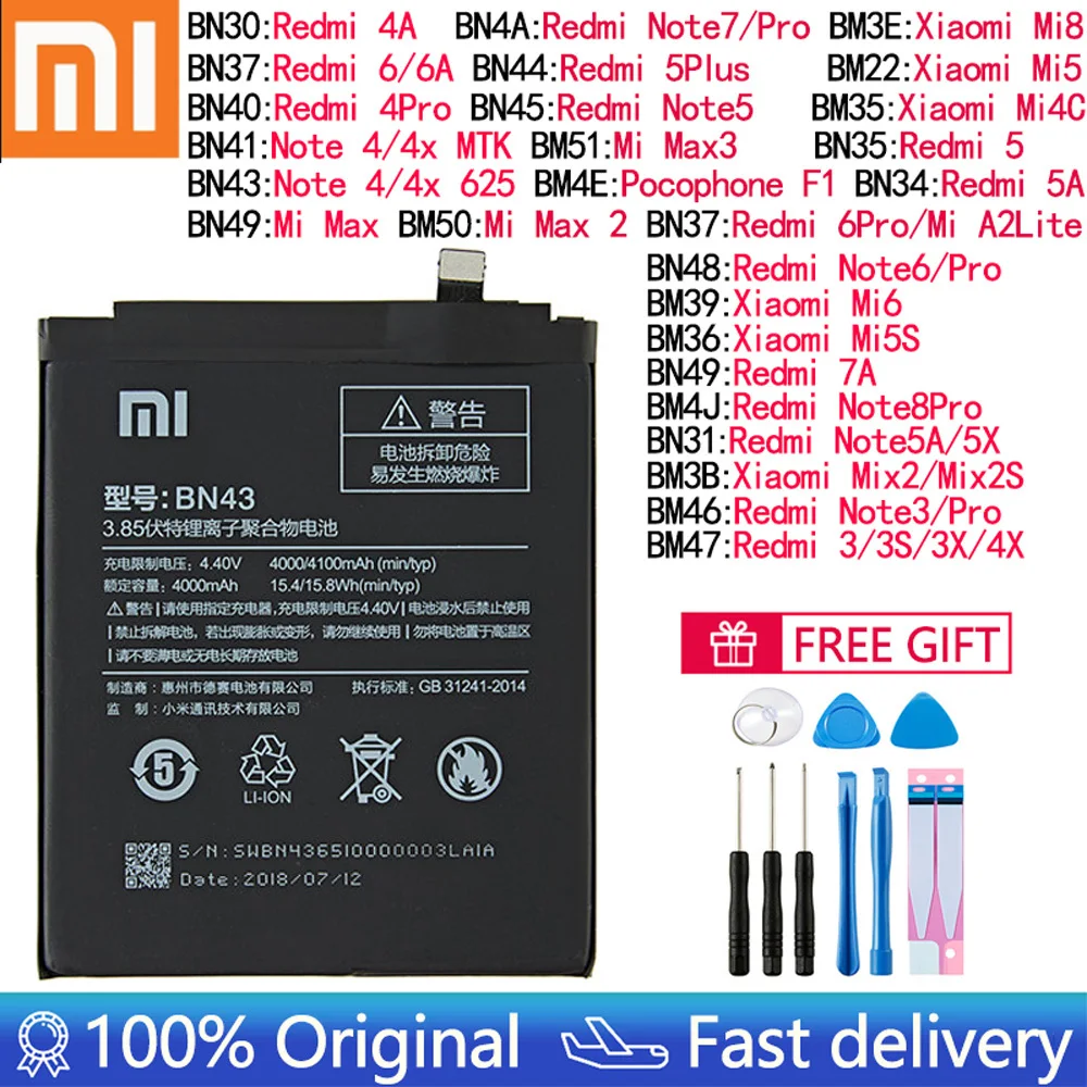 Оригинальный аккумулятор для Xiaomi Mi Redmi Note Mix Max 2 3 3S 3X 4 4X 4A 4C 5 5A 5S 5X M5 Mi6X 6 6A 7 8 9 MI9 Pro Plus