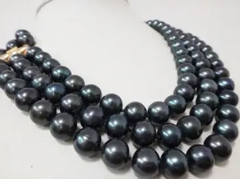 

3 Row 9-10MM AAA NATURAL TAHITIAN BLACK PEARL NECKLACE 17"-19" yellow Clasp