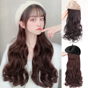 

MUMUPI Long Wavy Curly Autumn Winter Hair Wig Berets Hair Extension Heat Resistant Synthetic Nature Wigs for Women