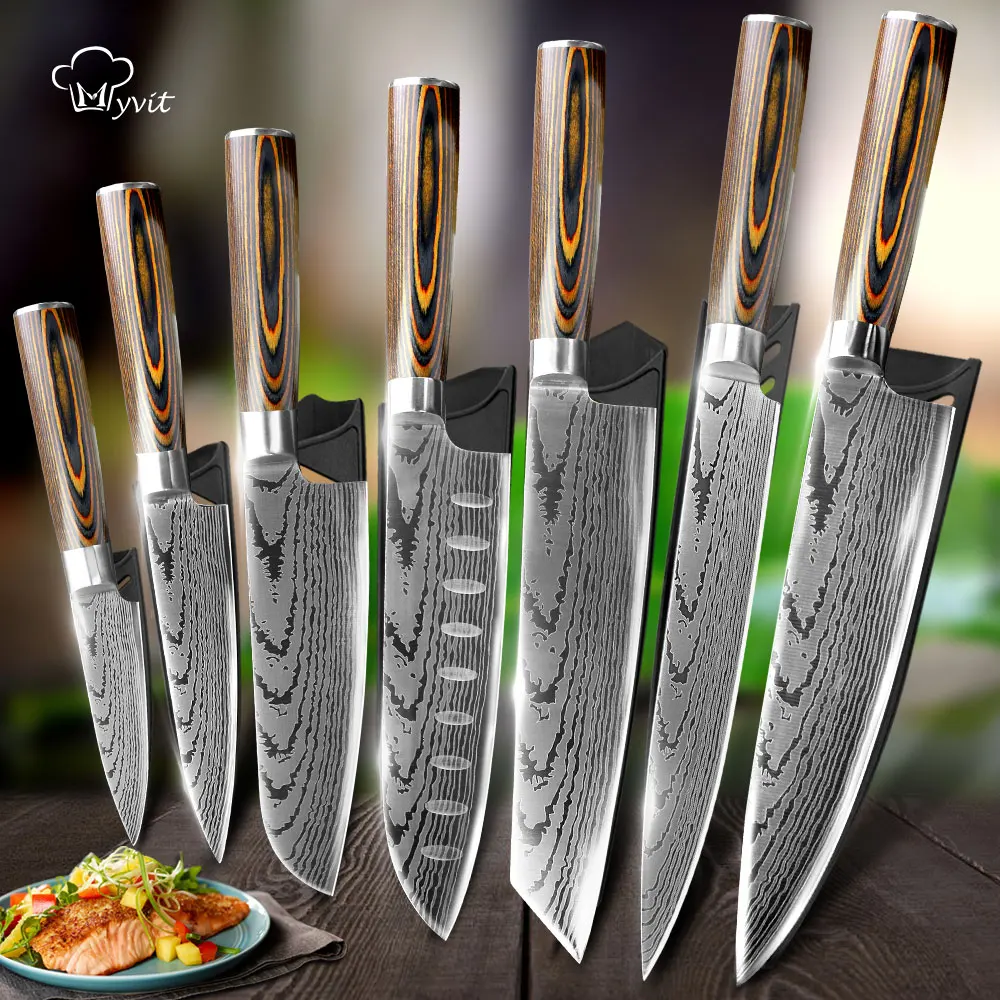 Kitchen Knife 1-7pcs Chef Knives 7CR17 440C Carbon Stainless Steel Imitation Damascus Sanding Cleaver Set Slicer Santoku | Дом и сад