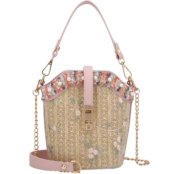 

Ladies Bag Ladies Beach Lace Straw Bucket Bag Square Bag Messenger Bag Pink