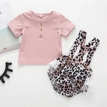 

Emmababy Newborn Baby Girl Clothes Solid Color Short Sleeve Knitted Cotton T-Shirt Tops Leopard Print Bib Shorts 2Pcs Outfits