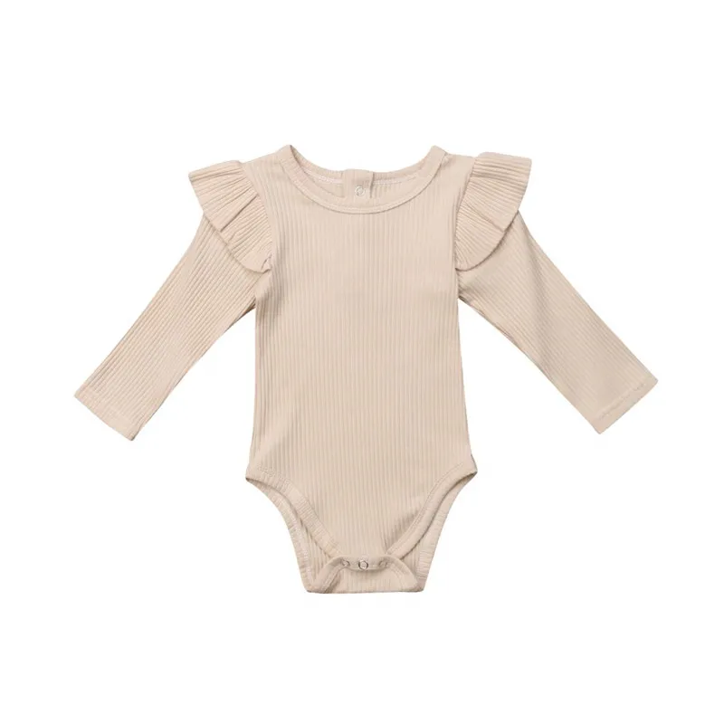 0-24M Newborn Jumpsuit Baby Boy Long Sleeve Romper Cotton Ruffled Solid Beige White Black Pink Playsuit For Infant Girls 2
