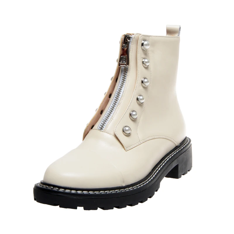 Beige Leather Lining ROBESPIERE/Брендовые женские ботинки; Высококачественная женская обувь из натуральной кожи с жемчугом; повседневные ботильоны на плоской платформе; Botas Mujer; B127 - Цвет: Beige Leather Lining