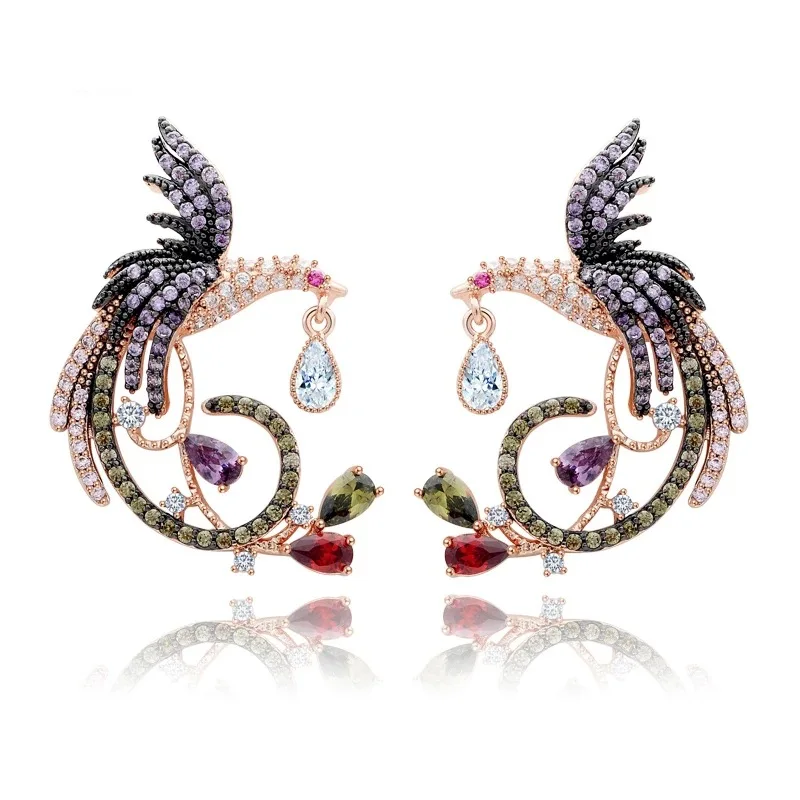 

Designer Bridal Fashion Phoenix Earrings Colorful Cubic Zirconia Gold Color Plated Bird Drop Earrings Luxury Wedding Jewelry
