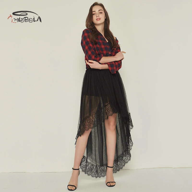 Imily Bela, сетчатые юбки, женские, сексуальные, кружевные, с оборками, асимметричная, длинная юбка, повседневная, высокая талия, Faldas, летняя уличная одежда