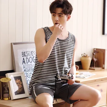 

Pajamas Men Summer Pure Cotton Sleeveless Shorts Tracksuit Men'S Home Wear