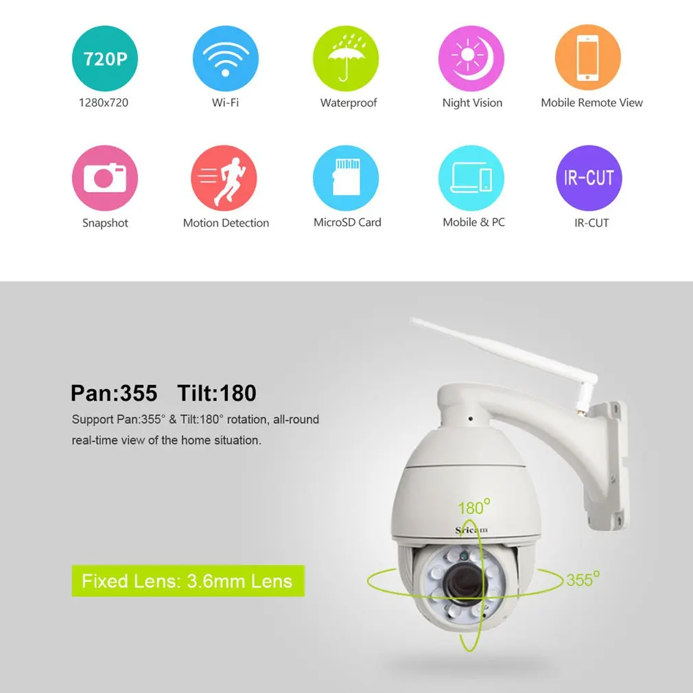  Sricam SP008B 720P WiFi IP Camera Wireless Outdoor Security Surveillance CCTV Remote Monitoring & A