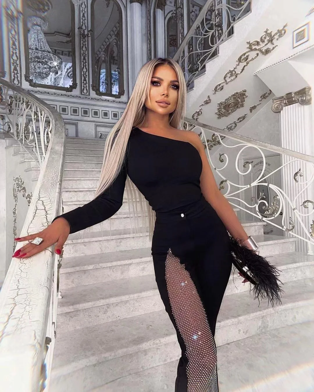 2021 High Quality Women's Bandage Jumpsuits One Shoulder Full Sleeve Hollow Out Rhinestone Crystal Diamond Black Celebrity Party