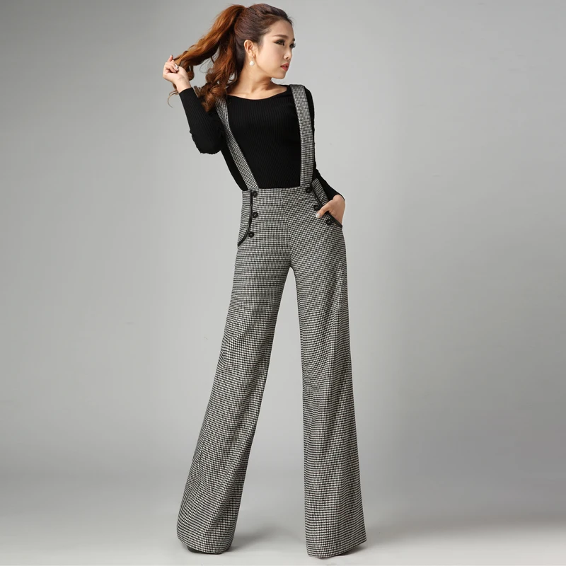 Pantalon En Laine Epaissi A Jambes Larges Pour Femmes Pantalon A Bretelles Long Taille Haute A Carreaux 2020 Aliexpress