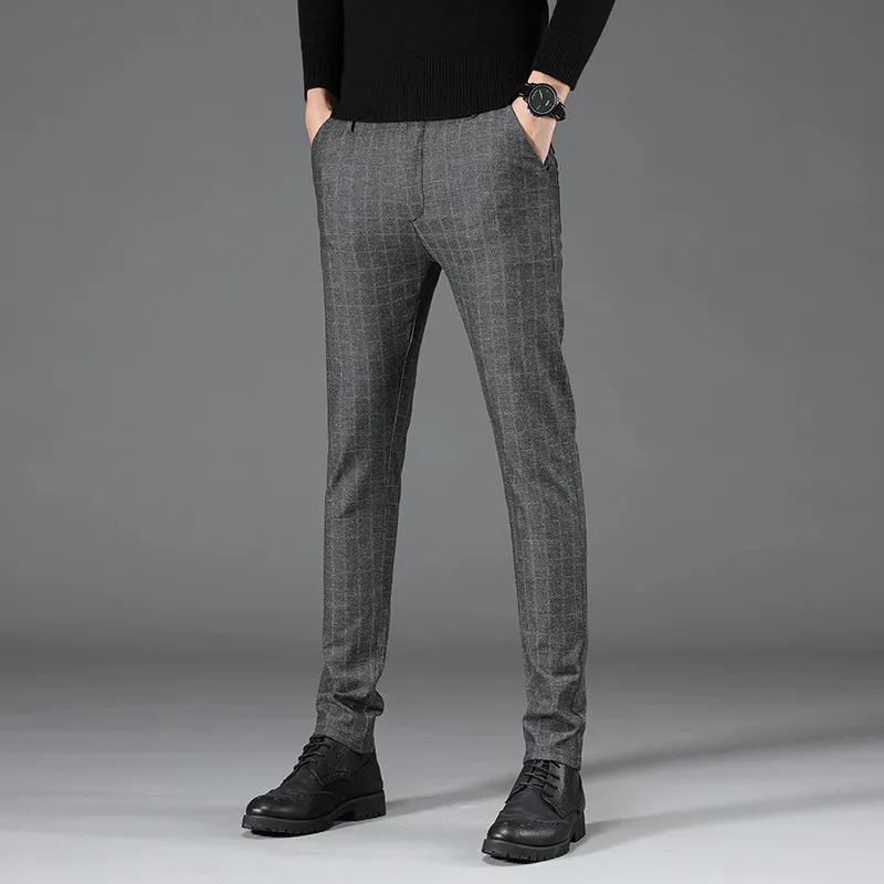 Men Dress Plaid Stretch Fabrics Business Casual Slim Skinny Suit Pants Autumn Man Vintage Lattice Stretch Homme Formal Trousers - Цвет: Dark gray