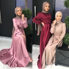 

Lady Elegant Glowy Satin Dress Big Swing Muslim Women Abayas Saudi Arabic Caftan Turkey Dubai Party Evening Gown Islamic Clothes
