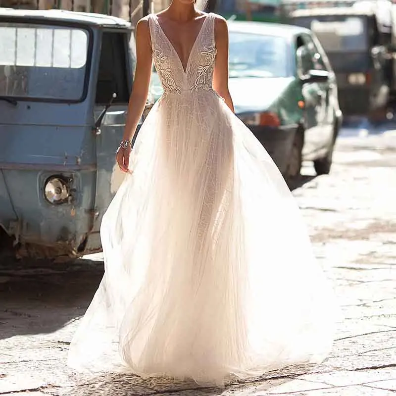 SSYFashion, Новое Сексуальное вечернее платье с глубоким v-образным вырезом, открытая спина, Кружевная аппликация, бисер, длинные пляжные платья, романтические вечерние платья