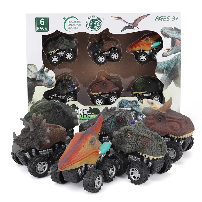 6pcs Set Toy Vehicle Dinosaur Model Mini Toy Car Inertial Back Small Truck For Kids Christmas Gift Set with Color Original Box