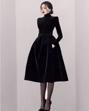 

Black Velvet Short Prom Party Dress High Neck Long Sleeves Evening Formal Gowns For Celebrity Robe De Soiree Vestidos