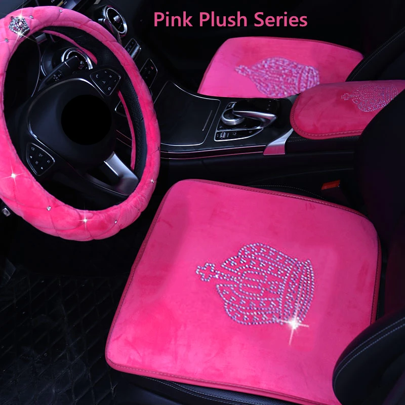 Hot Rose Pink Bling accessori per auto Set interno per donna ragazze  Glitter peluche caldo coprisedili automobilistici cuscino corona Decor -  AliExpress
