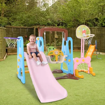 

5 in 1 Brand New Kids Plastic Slides And Swing Toddler Indoor/Outdoor Playground set Swing Slide Set With Basketball Hoop