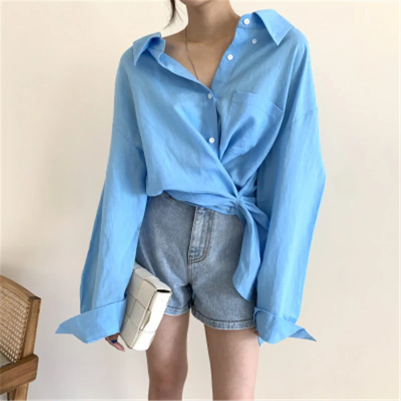

New Minimalist Mid-length Shirts Women Casual Loose White Blue Blouses Female Turn-down Collar Pockets Office Lady Shirt Top