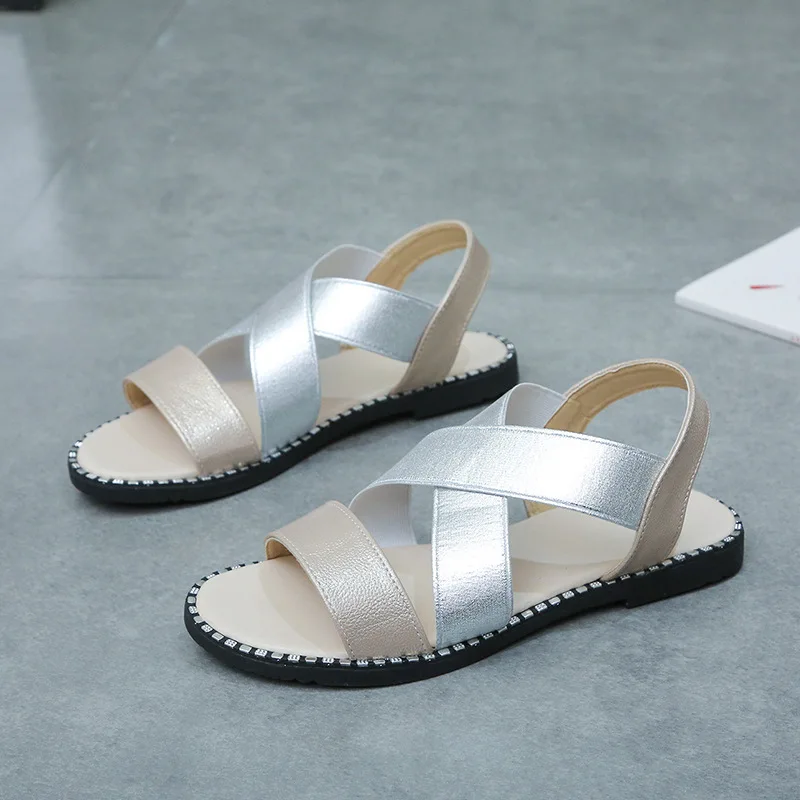 

SWONCO 41 Big Size Summer Shoes Womens Sandals Flats 2020 New Female Black/sliver Shoes Casual Holiday Beach Sandals For Women