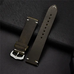 Vintage Genuine Leather Watch Strap - Premium Oil Wax Cowhide Discoloration Design, High-Quality Business Band for 22mm (Dark Green)