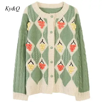 

Brand Christmas 2019 Winter Women O-neck Rhombic Grape Embroidery Eleagant Sweaters Long-sleeved Loose Knit Cardigan Tops