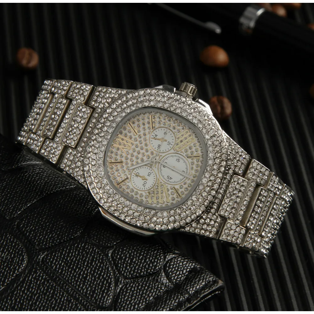 Роскошные мужские серебряные часы с бриллиантами и кольцо комбинированный набор бриллиантовых регулируемых колец в стиле хип-хоп ледяные кубинские часы и набор колец для мужчин