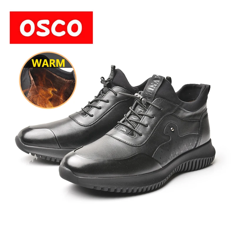 Мужские теплые кроссовки OSCO черные повседневные из натуральной кожи на шнуровке