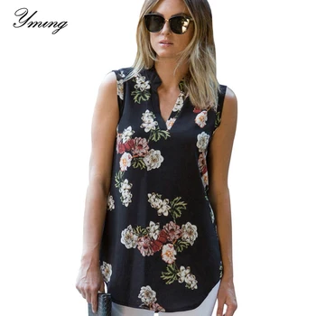 

YMING Boho Shirts Women Fashion Chiffon Blouse Sleeveless Casual Tops Floral Print Blusas Female Streetwear Female Tunic Clothes