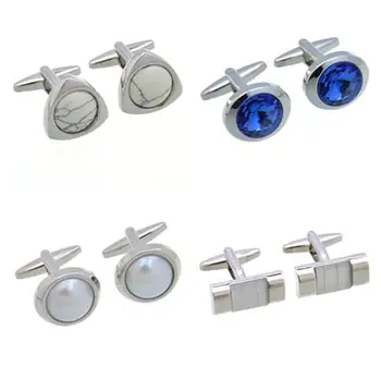 

10pairs/lot Silver Round Rectangle Cufflinks Crystal Pearl Opal Inlaid Cuff Links Business Style Men's Jewelry Wholesale