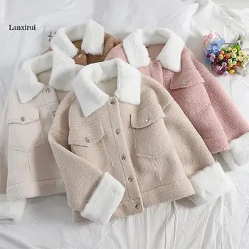 

Autumn Winter Lamb Wool Coat Woman Casual Fashion Long Sleeve Turn-down Collar Loose Jacket Female Khaki Pink White Outwear Top