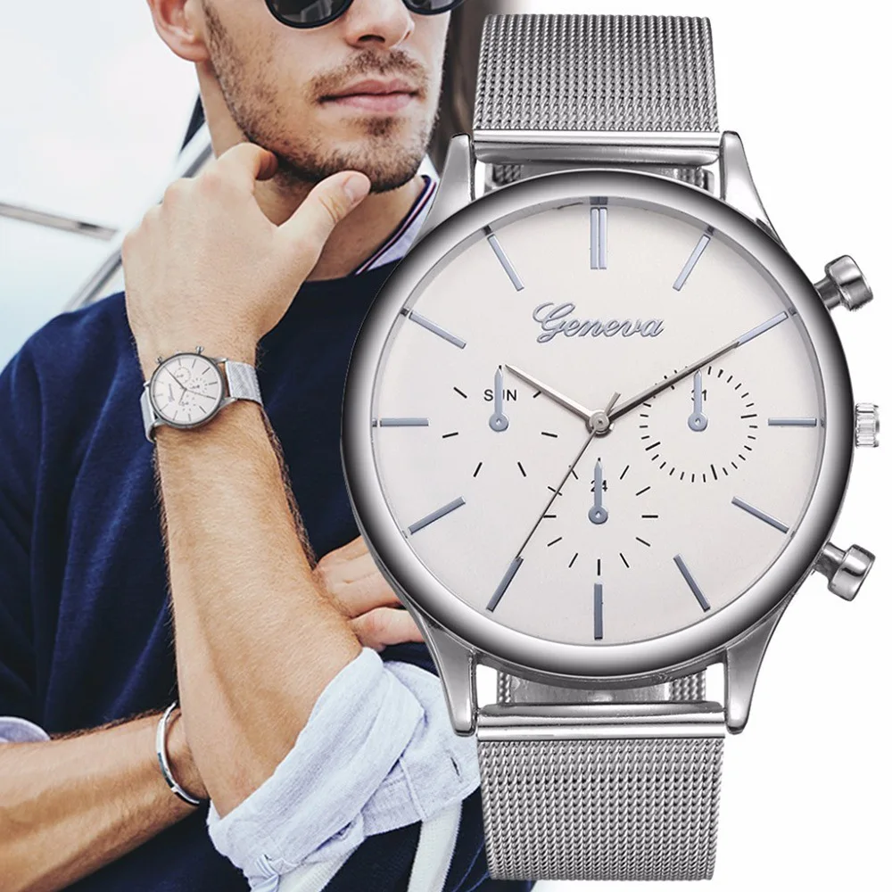 

Hot Sales Men Fashion Creative Fake Three-Eyed Mesh Belt Quartz Watch Students Watch Wrist Watch