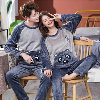 

Winter Long Sleeve Women Pajamas Set Warm Cartoon Pocket Bear Flannel Pajama Couple Coral Velvet Sleep Wear Pyjamas 2Piece Set