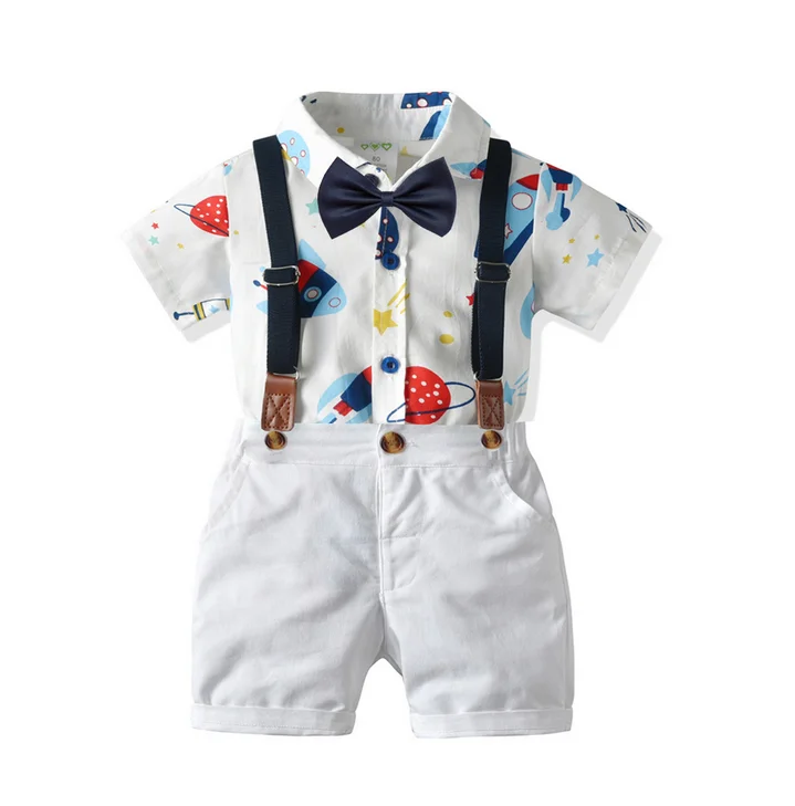 

AA 2020 Cartoon Spaceship Print Short Sleeve Jumpsuit Bib Shorts Suit Baby Boys Clothing Set Cotton Clothing Formal Boys Costume