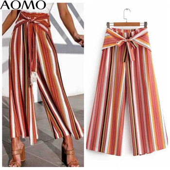 

AOMO casual women orange striped print wide leg pants trousers with slash strethy waist lady pants pantalon tops1F120