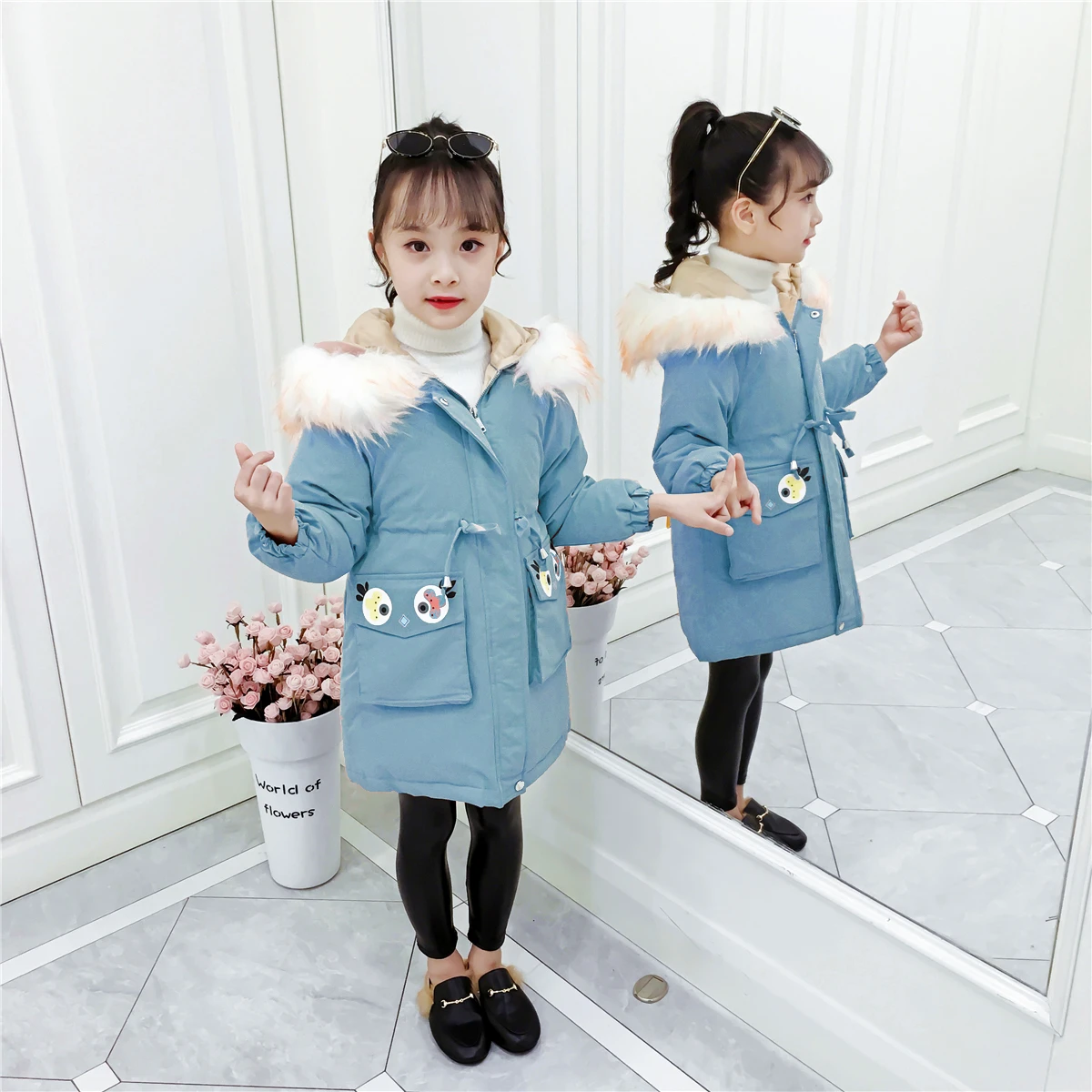Зимняя куртка для девочек Детская парка Новинка года; утепленная детская зимняя куртка с меховым воротником и капюшоном корейское пальто для девочек-подростков 4-12 лет - Цвет: Синий