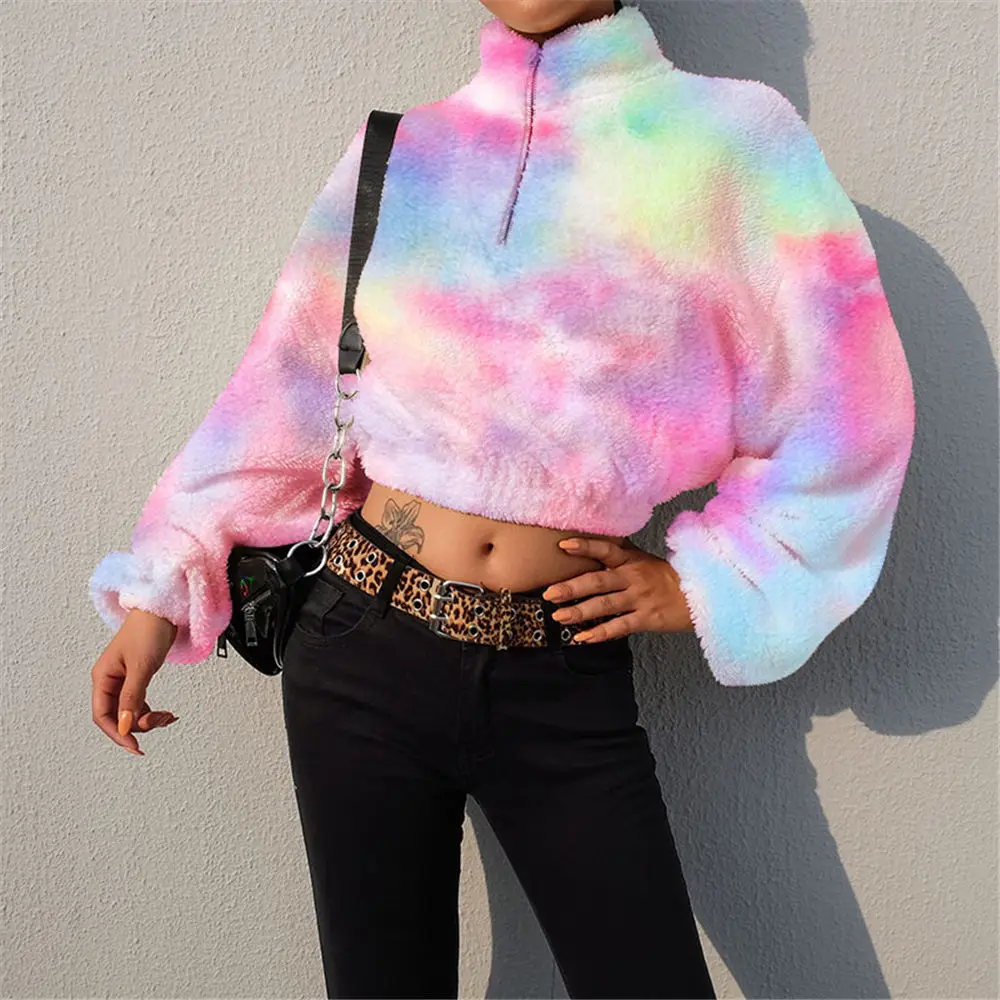 

Women Winter Rainbow Faux Fur Fluffy Sweaters Two Version Short Pullover Zipper Christmas Party Fleece Sweater