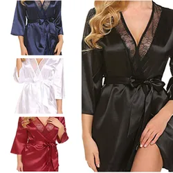 Fashion Sexy Women Robe Bath Casual Solid Nine-Minute Sleeve Lace Splicing Sleepwear Robe Bridesmaid Peignoir Mariage