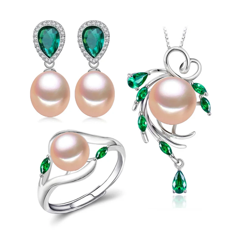FENASY 925 Sterling Silver Emerald Jewelry Sets Natural Pearl Drop Earrings Bohemian Pendant Necklace Women Green Stones Ring - Цвет камня: A pink pearls
