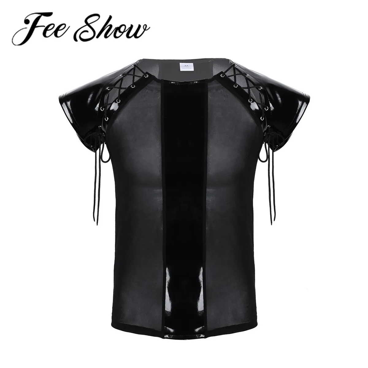 

Feeshow Men PU Leather Sleeveless T-shirt Mesh Bodycon Tops Lace-up Transparent T-shirt Tops Gay Sexy Undershirt Clubwear Tops