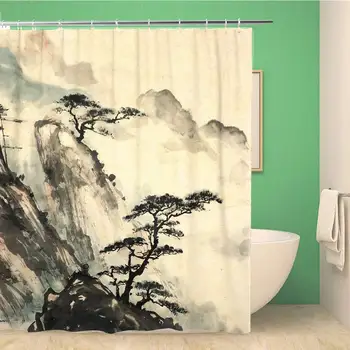 

Bathroom Shower Curtain Pink Japanese Chinese Landscape Painting China Pattern Ink Tree Polyester Fabric Waterproof Bath