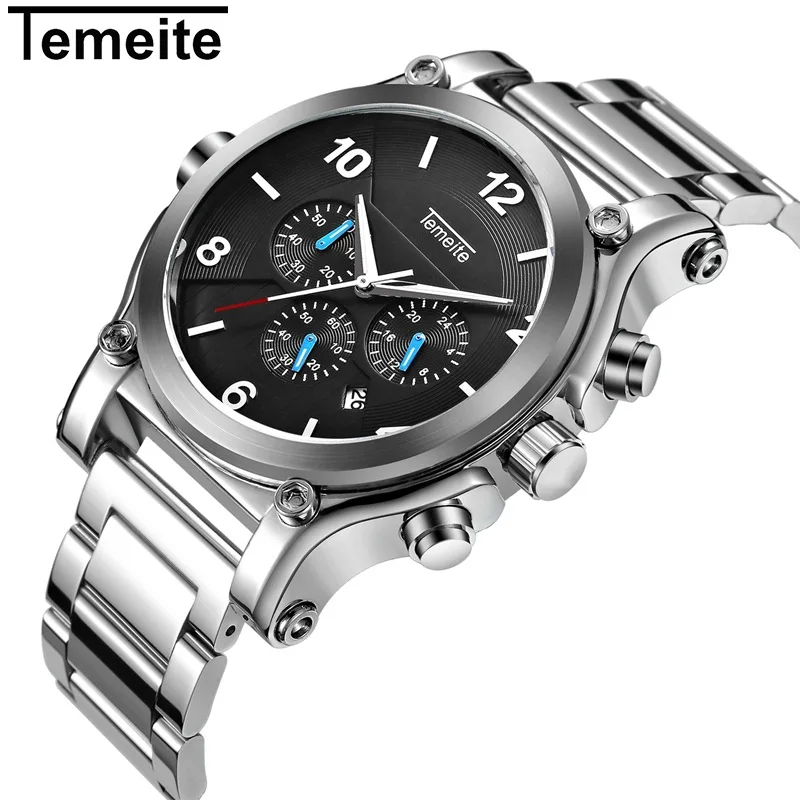 TEMEITE мужские часы с большим циферблатом, брендовые часы с датой, бизнес часы с ремешком из нержавеющей стали для мужчин, настоящие тройные глаза, Relogio Masculino