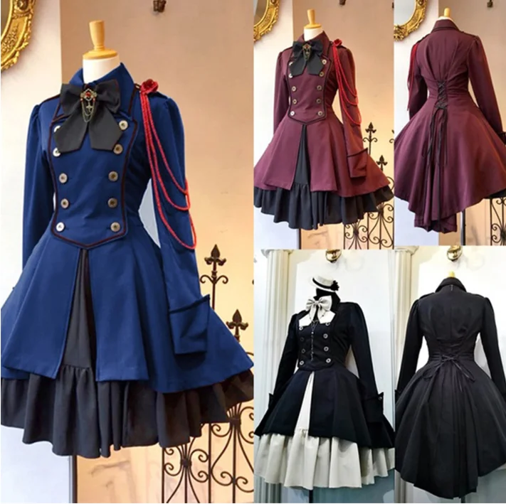 Vintage Gothic Lolita Dress OP Ruffle Bow tie Button Lace Up Knee Length Dress Long Sleeve Sweet