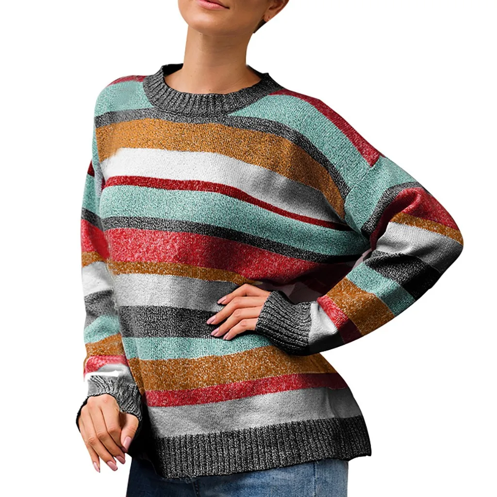 SAGACE женский свитер в полоску с круглым вырезом, вязаный свитер, высокое качество, женский свитер с длинным рукавом в стиле пэчворк - Цвет: Зеленый
