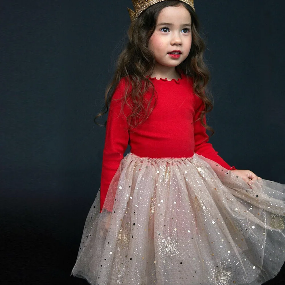 Платье с длинными рукавами для девочек фатиновое платье-пачка со звездами для дня рождения, праздничное зимнее платье для девочек осенние детские платья черная/красная/Розовая Одежда для девочек, Vestidos