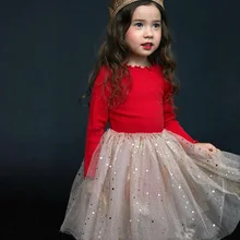 Платье с длинными рукавами для девочек фатиновое платье-пачка со звездами для дня рождения, праздничное зимнее платье для девочек осенние детские платья черная/красная/Розовая Одежда для девочек, Vestidos