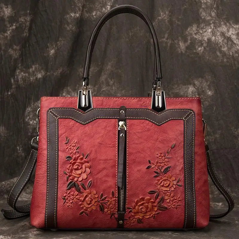 Роскошные женские сумки из натуральной кожи в стиле ретро, ручная работа, дизайнерская новинка, большая вместительность, сумки через плечо и через плечо - Color: Red