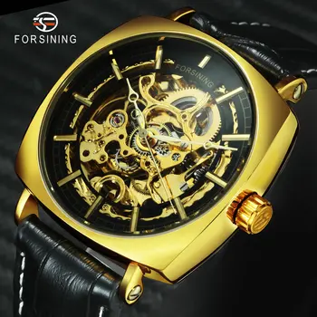 

FORSINING Golden Mens Watches Top Brand Luxury Skeleton Auto Mechanical Watch Men Leather Strap Tonneau Dial relogio masculino